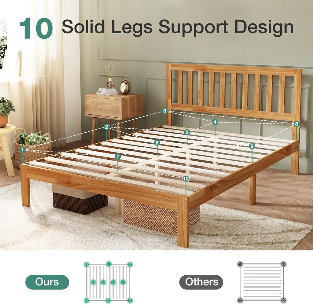 Novilla Queen Bed Frame with Headboard, Solid Wood Bed Frame Foundation with Wood Slat Support, No Box Spring Needed, Easy Assembly, Oak