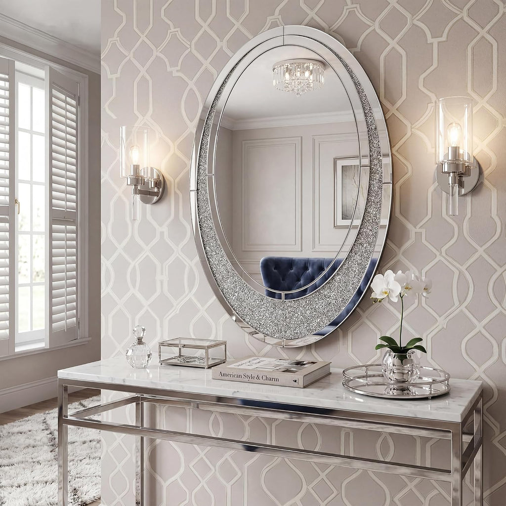 2 Piece Mirrored Console Table & Oval Wall Mirror Set, 39.5" Silver Entryway Sofa Table with Crystal-Inlaid Olive-Shape Base and Crush Diamond Round Wall Mirror Set for Entryway Hallway Entrance