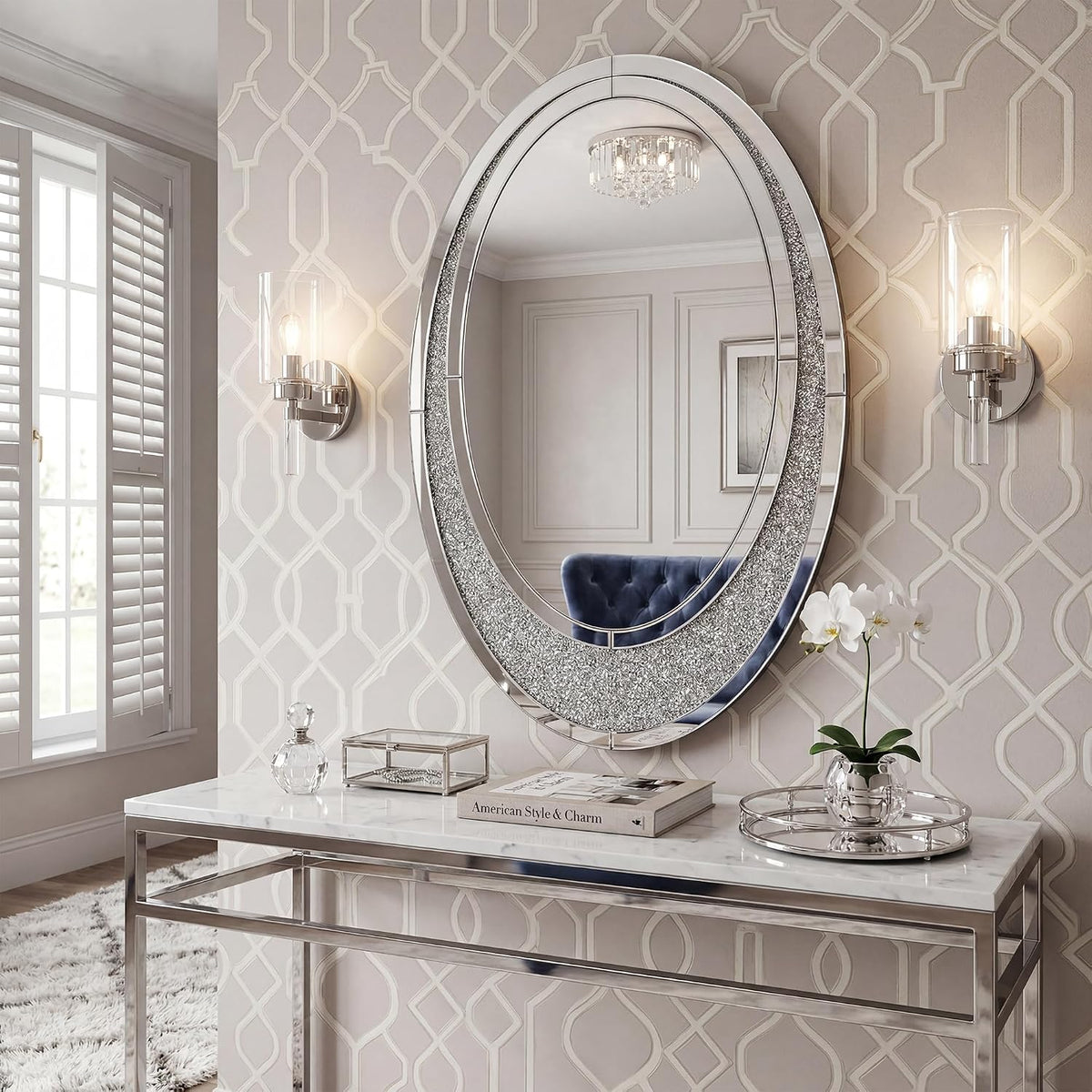 2 Piece Mirrored Console Table & Oval Wall Mirror Set, 39.5" Silver Entryway Sofa Table with Crystal-Inlaid Olive-Shape Base and Crush Diamond Round Wall Mirror Set for Entryway Hallway Entrance