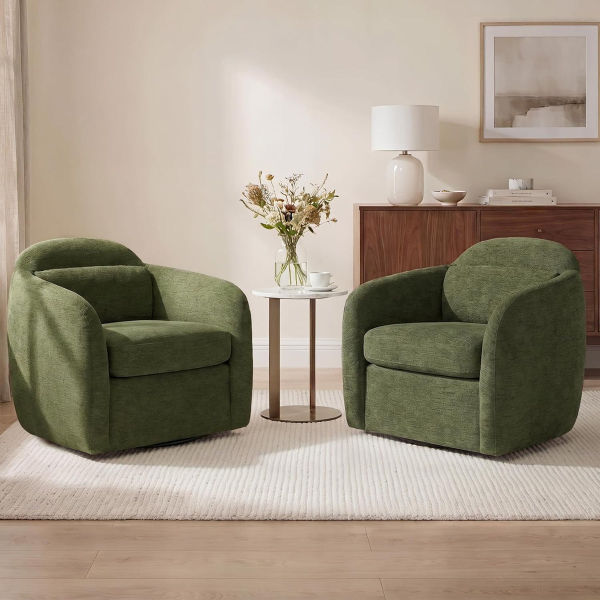 360° Swivel Accent Chair Set of 2, Comfy Upholstered Barrel Chairs with Pillow, High Back for Bedroom Living Room, Reading Room,Moss Green