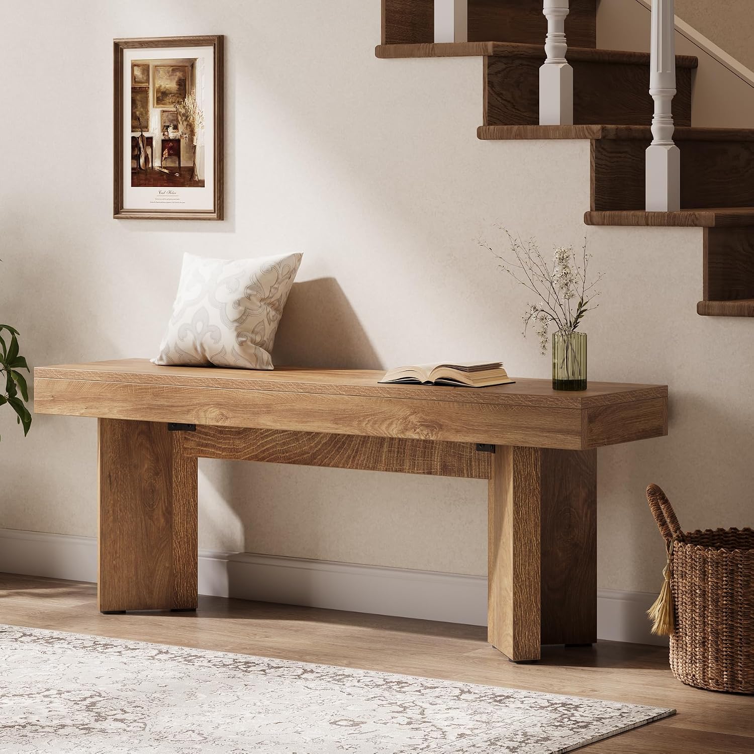 Tribesigns 47" Wooden Entryway Bench, Farmhouse Indoor End of Bed Bench, Long Table Benches Seat for Bedroom, Hallway, Foyer, End of Bed (Rustic Brown)