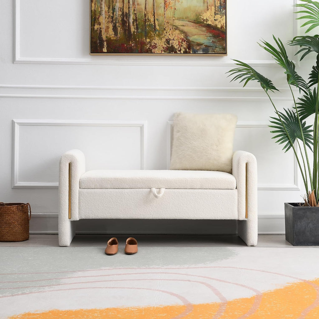 Modern 52" Storage Ottoman Bench, Upholstered End of Bed Storage Bench with Armrests, Entryway Bench, Teddy Foot Rest Stool for Living Room Hallway Bedroom (White)
