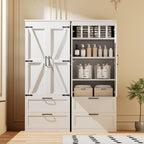 71” H Kitchen Pantry Cabinet, 4-Tier Farmhouse Storage Cabinet with Barn Doors, 2 Drawers, Adjustable Shelf, Freestanding Cupboard for Kitchen, Bathroom, Living Room (White)