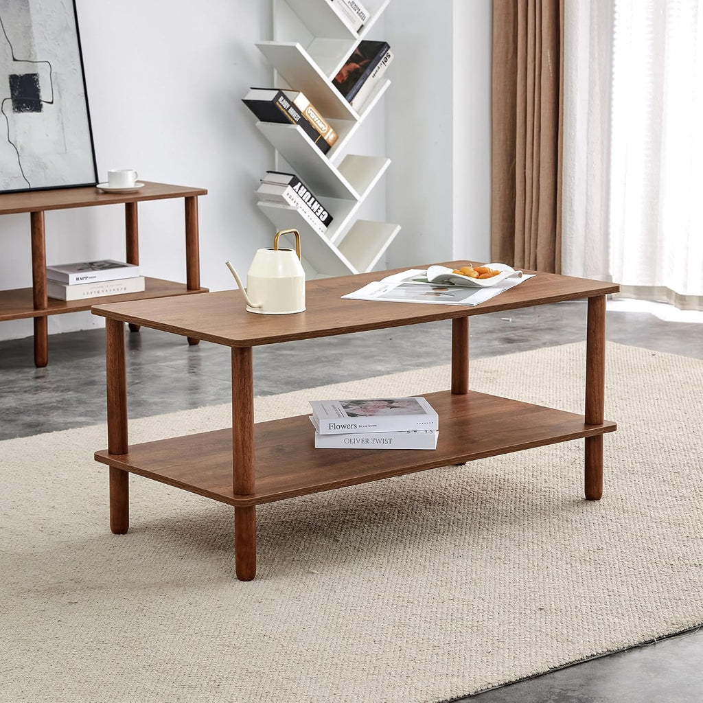 Modern Double-Layer Living Room Coffee Table, Rectangular Center Table with Open Storage Rack, Circular Rubber Wooden Leg Coffee Table, Stable and Durable, Easy to Assemble (Walnut + MDF)