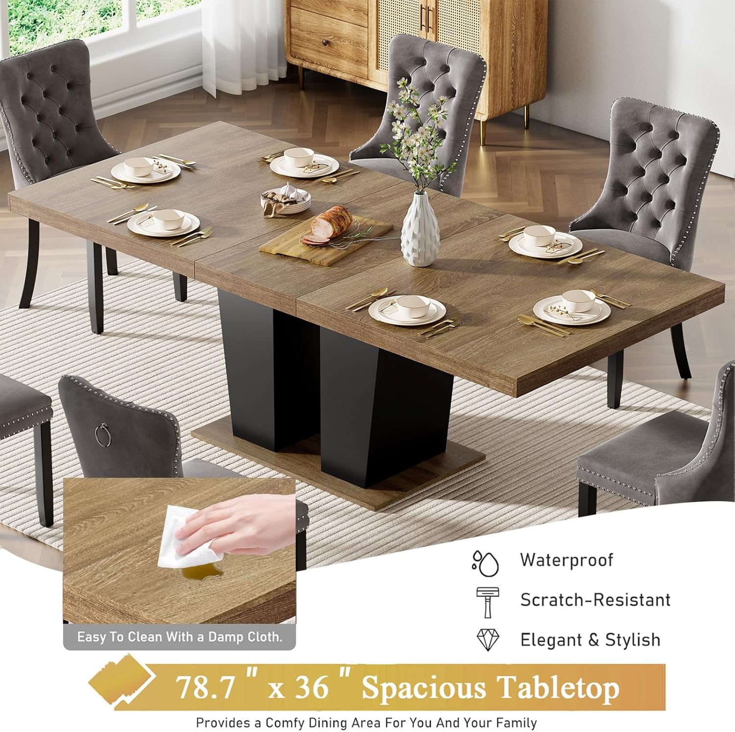 Extendable Dining Table Set for 6-8, 63"-78.7" Farmhosue Kitchen Table Set with 6 Upholstered Chairs, 7-Piece Rectangle Dining Room Table Set with Heavy Duty Pedestal for Small Place Apartment
