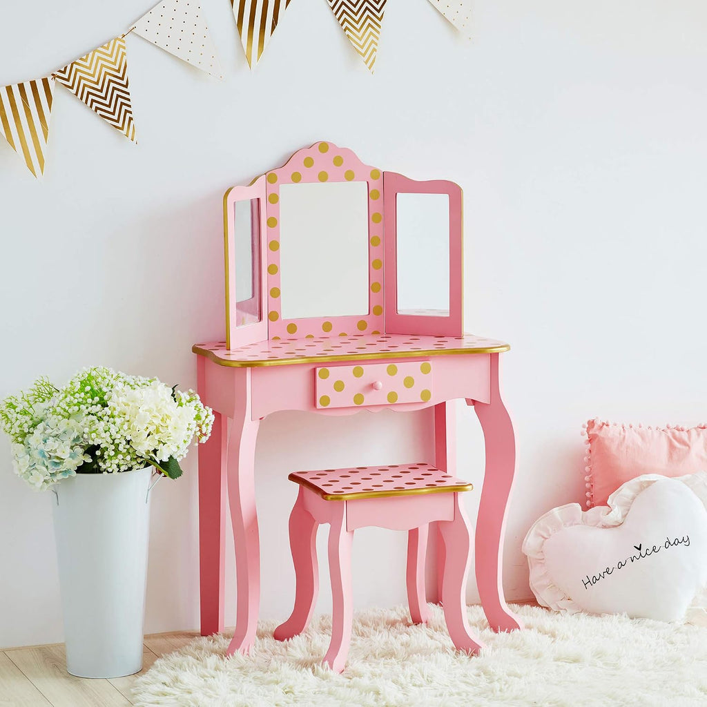 Teamson Kids Pretend Play Kids Vanity, Table & Chair Vanity Set with Mirror, Girls Makeup Dressing Table with Storage Drawer & Polka Dot Print, Gisele Collection, Pink/Gold