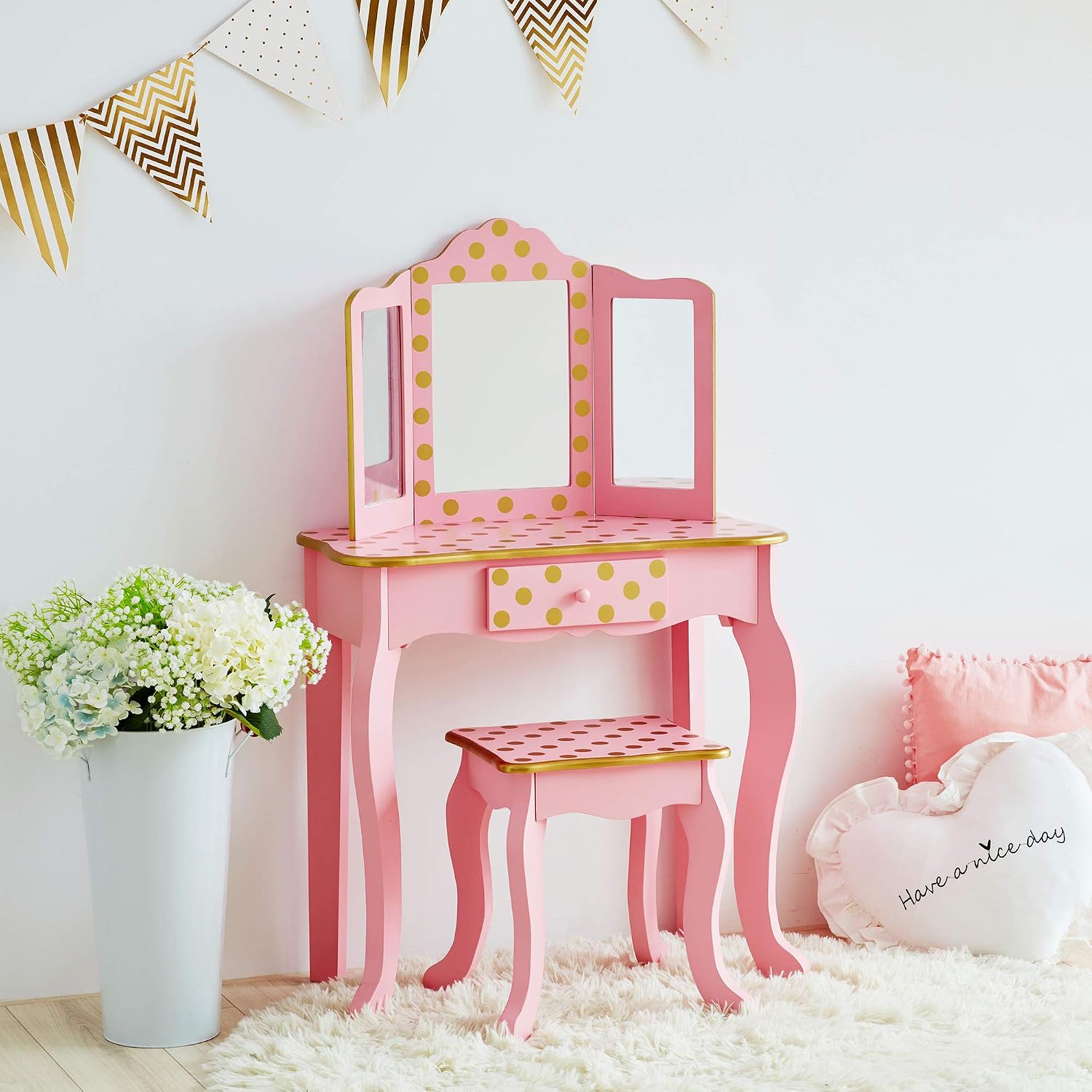 Teamson Kids Pretend Play Kids Vanity, Table & Chair Vanity Set with Mirror, Girls Makeup Dressing Table with Storage Drawer & Polka Dot Print, Gisele Collection, Pink/Gold