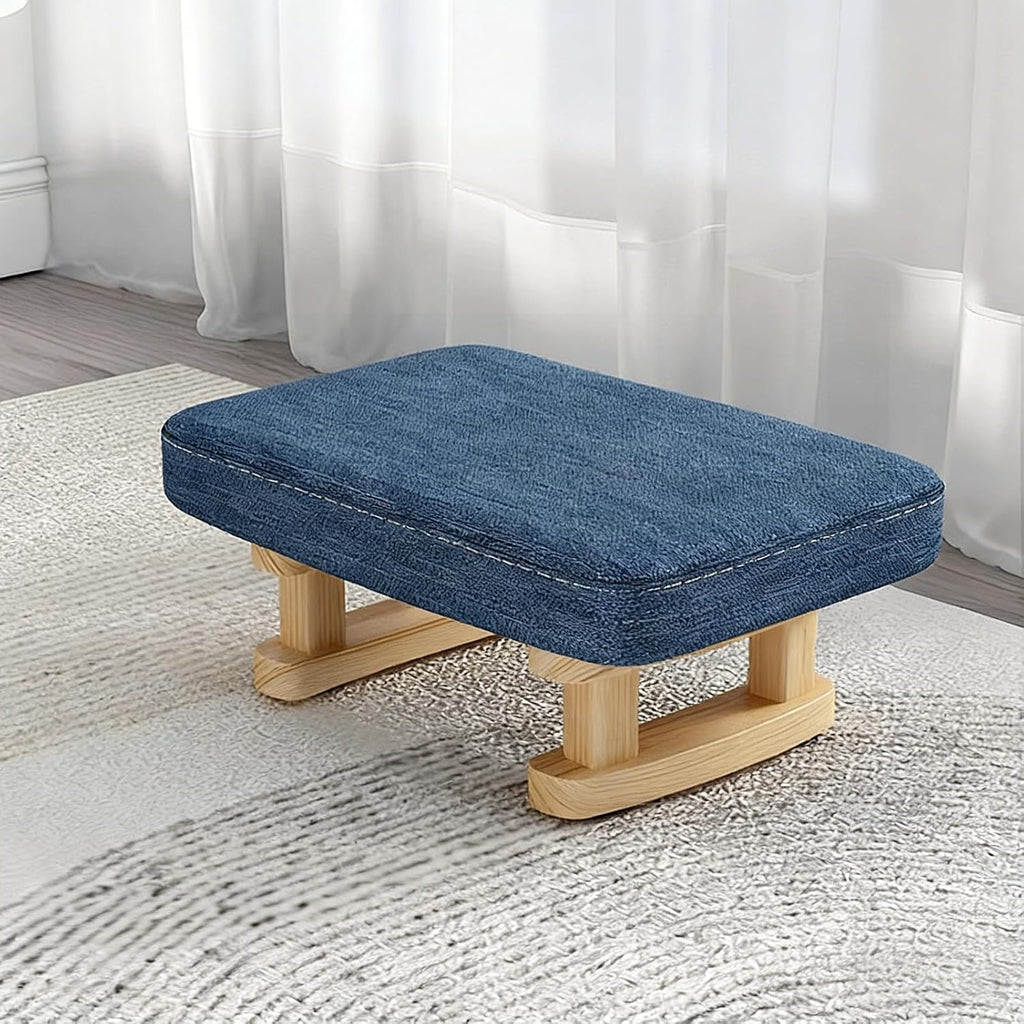 7-Inch High Stool, Small Linen Footstool, Solid Wood Frame, Entryway Shoe Bench, with Padded Footrest, Suitable for Living Room, Entryway, and Bedroom Natural Legs Blue