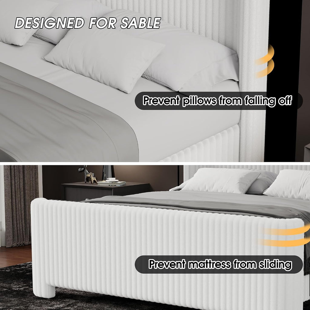 Ihanherry Queen Size Bed Frame with Faux-Fur Curved Wingback Headboard & Footboard, Upholstered Bed Frame with Removable & Washable Cover,Noise Free & Easy Assembly, No Box Spring Needed, White
