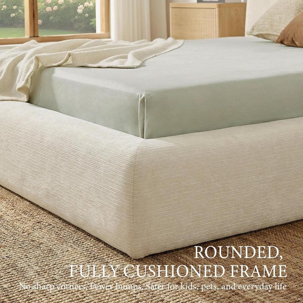 XIAO WEI Queen Cloud Bed Frame, Upholstered Platform Bed Frame with Headboard, 5.9" Thick Fully Padded Frame, Warm Ivory Ribbed Chenille Fabric, Noise-Free, No Box Spring Required, Easy Assembly