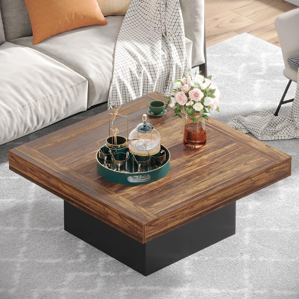 Tribesigns 35.4-Inch Square Coffee Table with LED Light, Modern Wood Coffee Table, Large Center Table for Living Room, Rustic Brown & Black