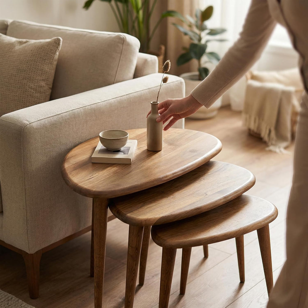 Ultimate Premium Products Solid Nesting Table Set of 3- Walnut Mid Century Pebble Tables with Tapered Legs – Wooden Home Furniture in a Retro Style - Walnut