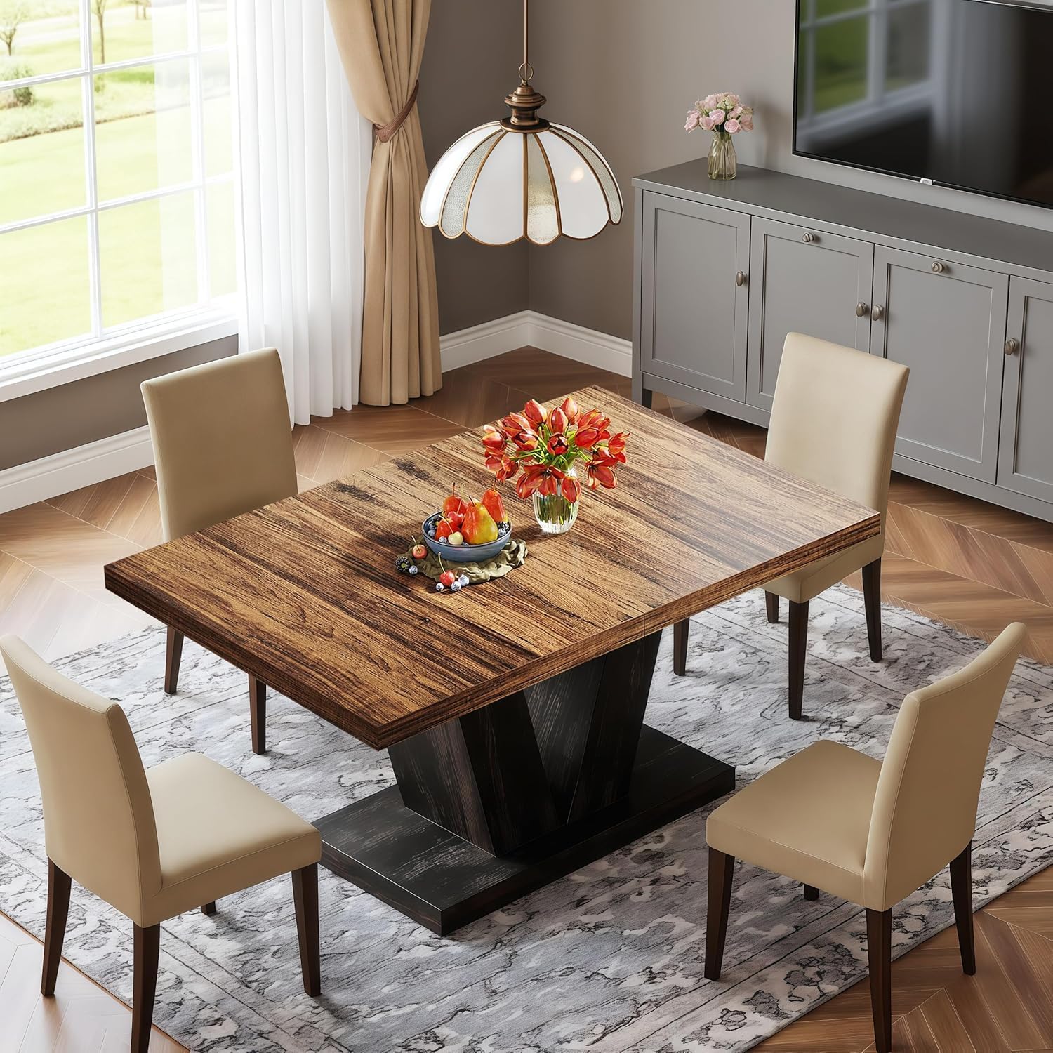 Oigavfd 47 Inch Dining Table, Rectangular Kitchen Table for 4 with Heavy Duty Pedestal Base, Modern Farmhouse Wood Dining Table for Dining Room, Kitchen, and Small Space (Black and Brown)