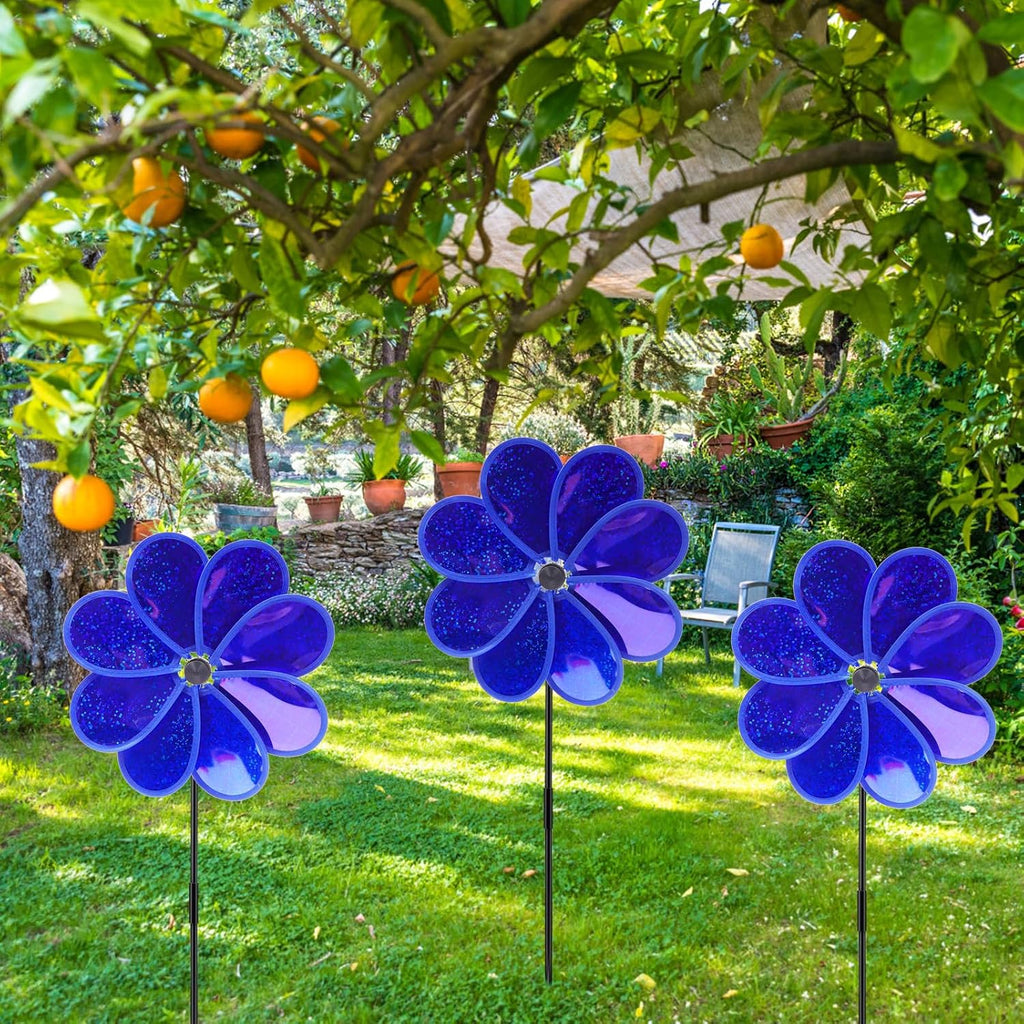 4PCS Flower Wind Spinner Sparkly Lawn Pinwheel 11.8 inch Dark Blue Garden Windmill for 4th of July, Garden, Party, Outdoor, Yard Decor