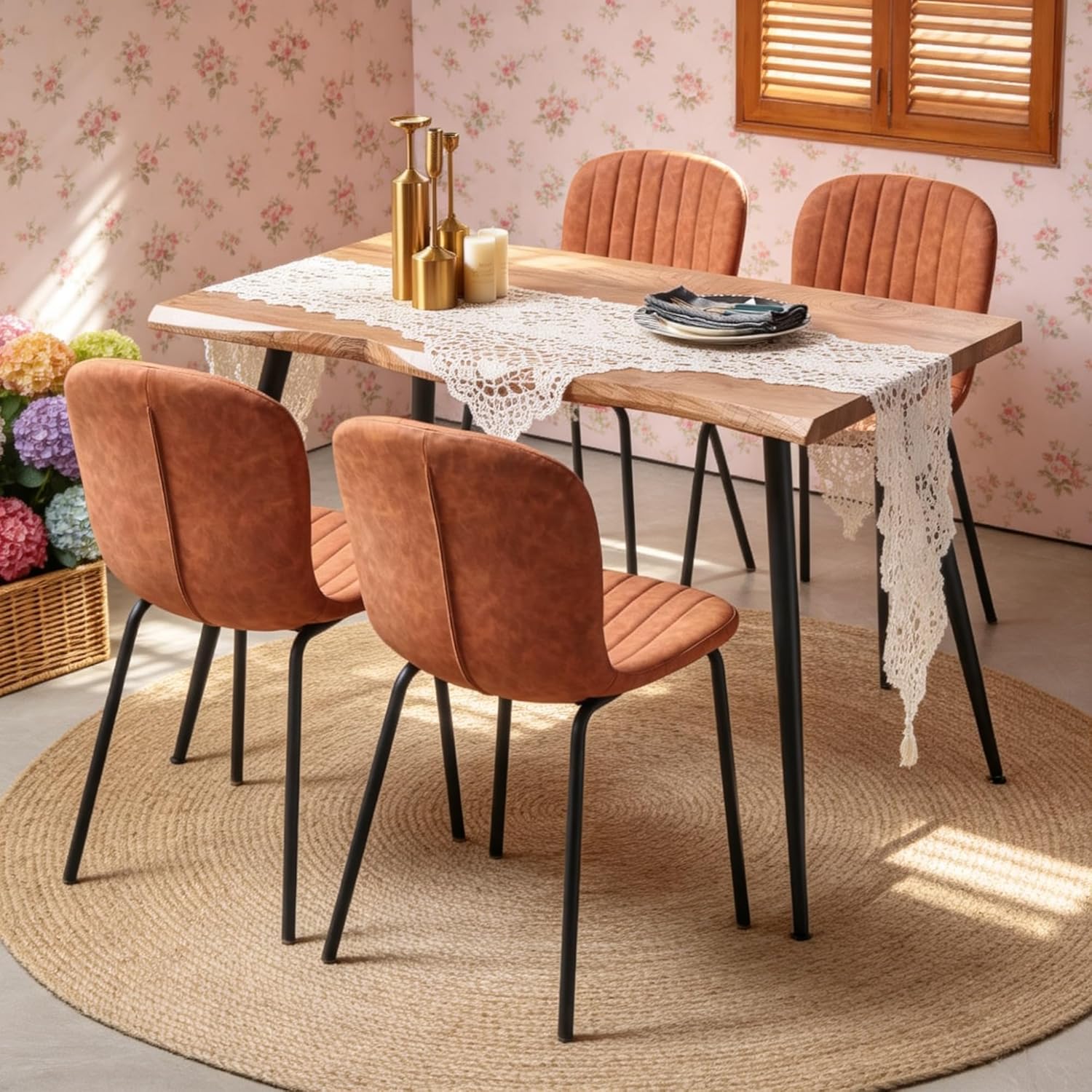 Dining Table Set for 4 with Brown PU Leather Chairs, Mid-Century Modern Rectangle Coffee Table,Kitchen Table and Chairs Set of 4, Perfect for Small Apartment, Home, Dining Room, Breakfast Nook