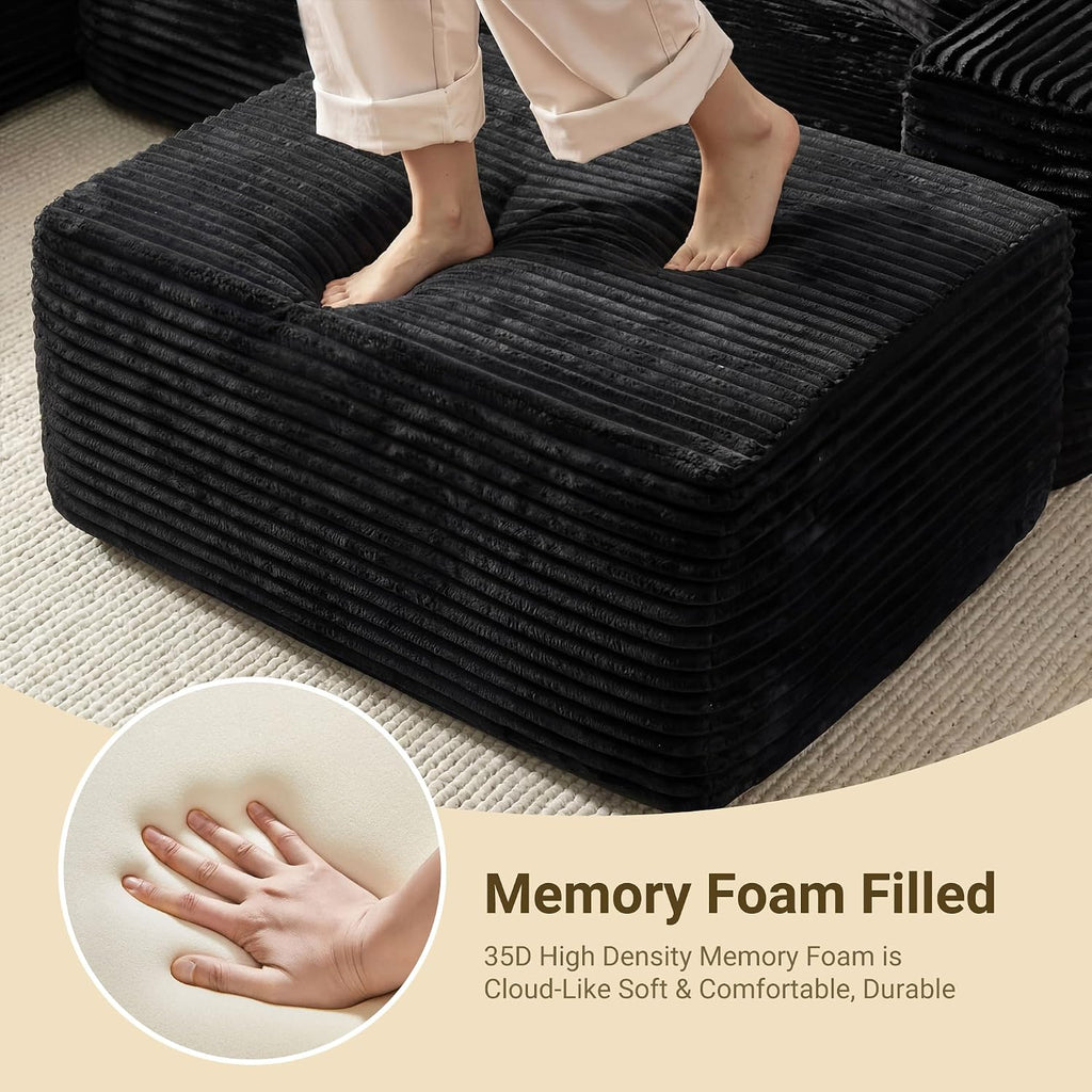 37" Square Cloud Couch Ottoman Footstool, Upholstered Foam Filling Footrest Ottomans for Couch,Large Seat,Soft Fluffy Foot Stool for Living Room Bedroom, No Assembly Required,Black,Plush Corduroy