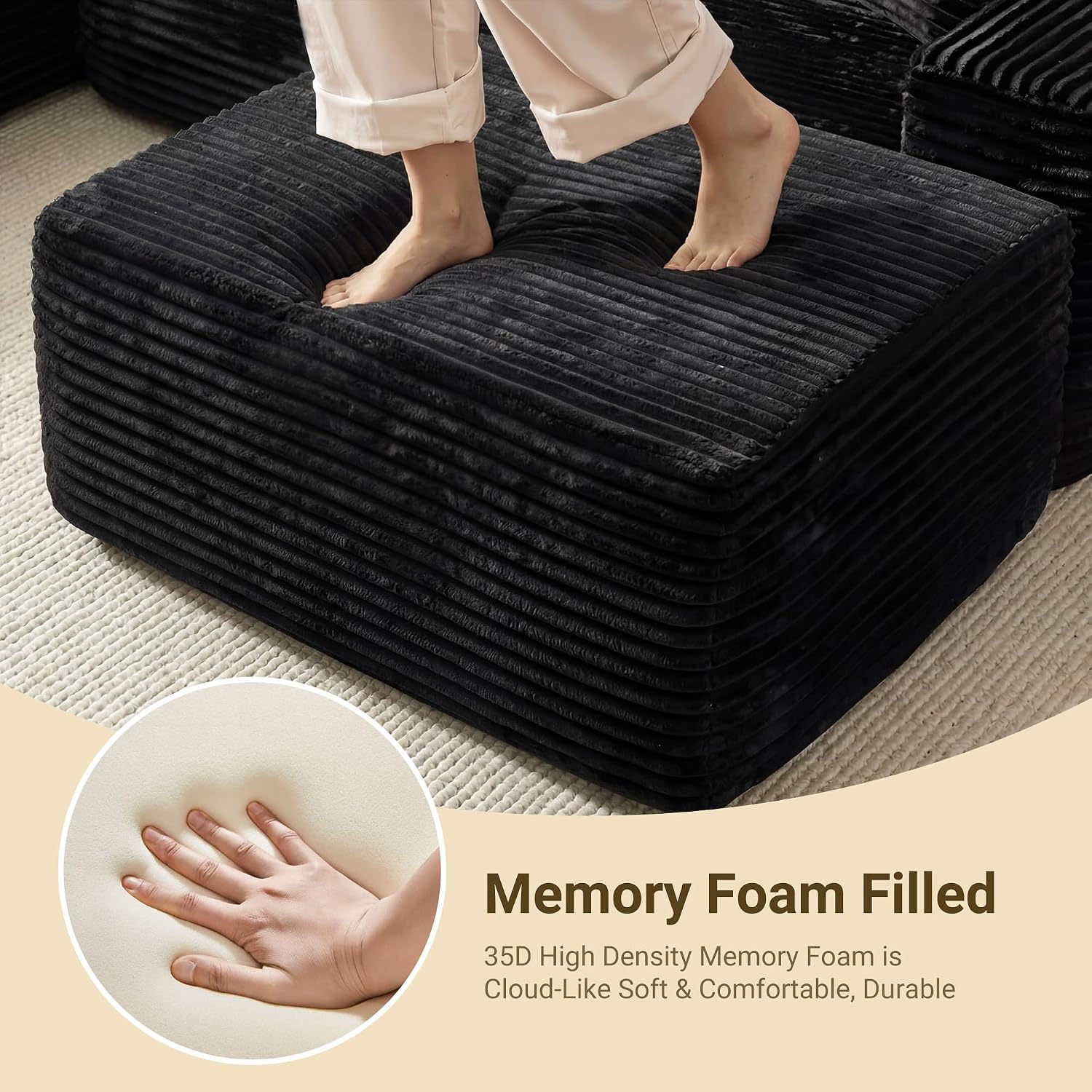 37" Square Cloud Couch Ottoman Footstool, Upholstered Foam Filling Footrest Ottomans for Couch,Large Seat,Soft Fluffy Foot Stool for Living Room Bedroom, No Assembly Required,Black,Plush Corduroy
