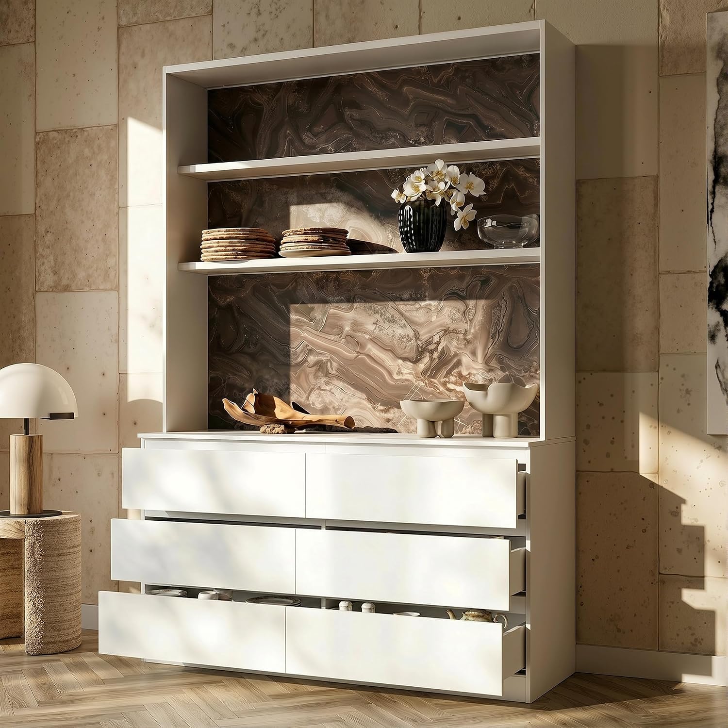 Homsee 92.5" H Lighted Kitchen Pantry Cabinet with 6 Drawers & Charging Station, Kitchen Cupboard w/3-Color LED Lights & Stone-Patterned Back, Storage Cabinet w/Countertop, 63" W Cream White