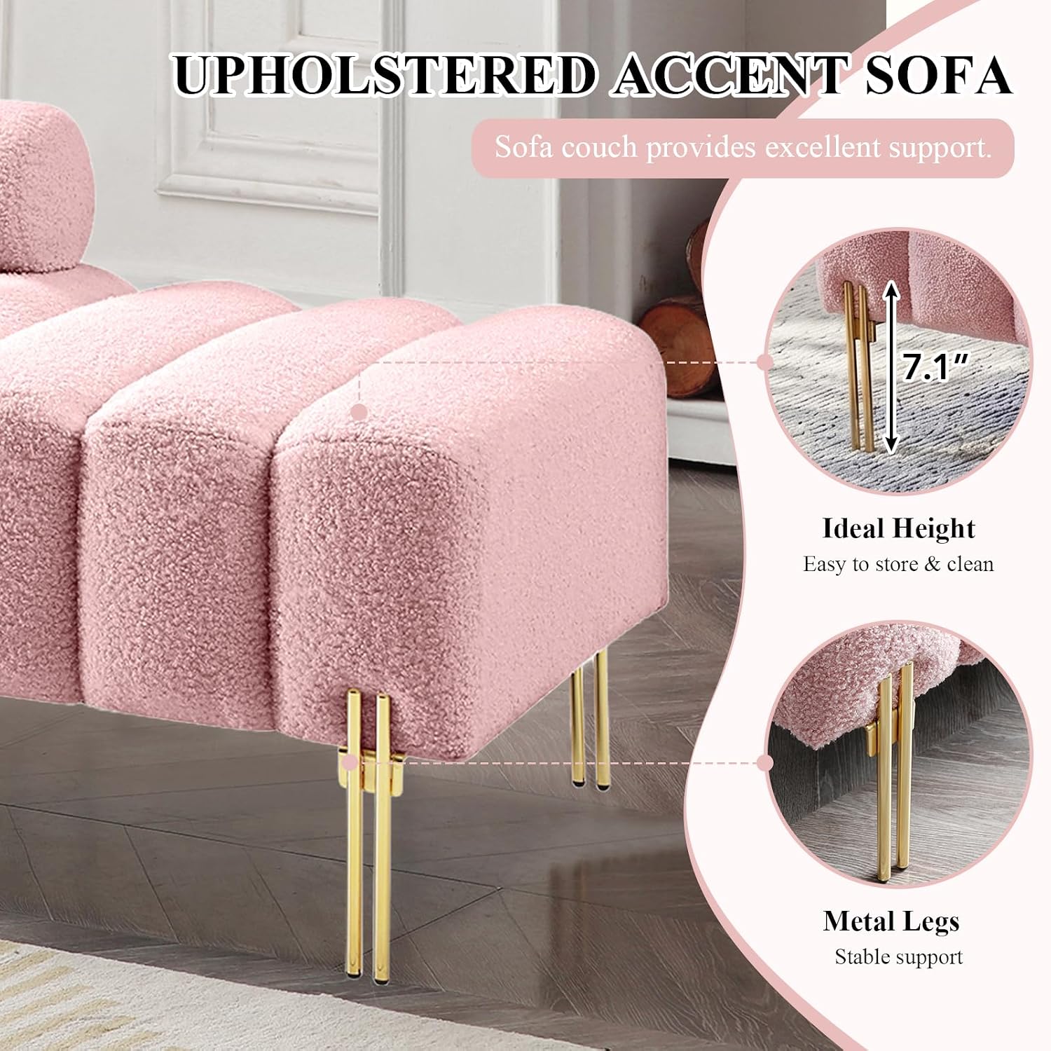 Ottoman Bench, Loveseat Sofa Couch with Adjustable Backrest | 53.2" Accent Sofa, Teddy Upholstered, Metal Legs, 400LBS Weight Capacity, End of Bed Bench for Bedroom, Rose-Teddy