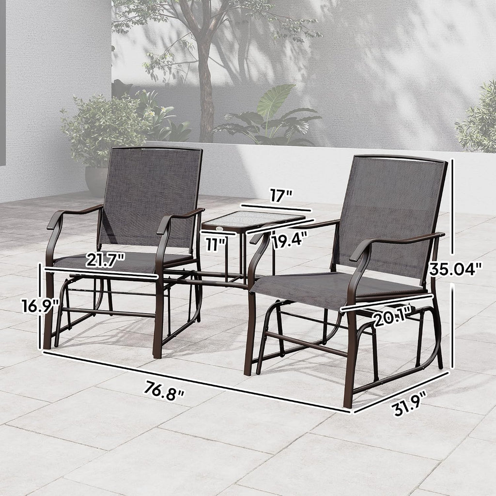 Outsunny Outdoor Glider Chair with Table 2-Seat Patio Loveseat Gray | Rocking Chair Swing Love Seat, Breathable Sling, Backyard Garden Porch