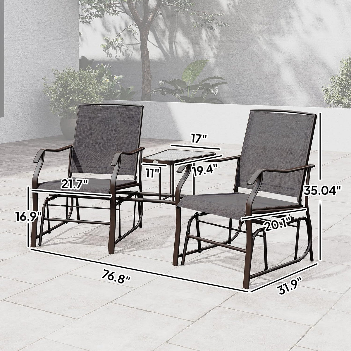 Outsunny Outdoor Glider Chair with Table 2-Seat Patio Loveseat Gray | Rocking Chair Swing Love Seat, Breathable Sling, Backyard Garden Porch
