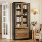 71" Tall Kitchen Pantry Cabinet - Modern Display Storage Cabinet with 2 Large Drawers, Glass Doors, and Adjustable Shelves, Kitchen Cupboard for Dining Room, Bathroom, Living Room, Black + Brown