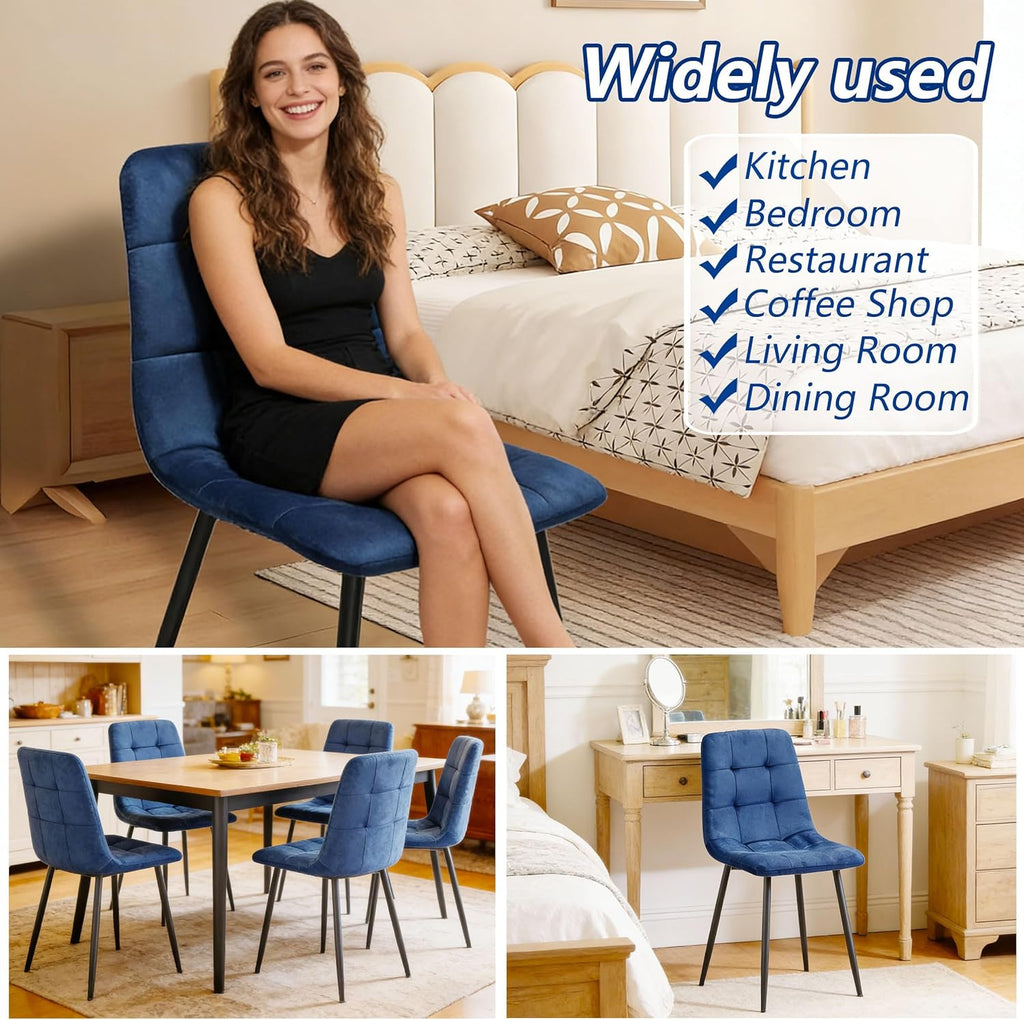 Velvet Dining Chairs Set of 4, Mid Century Upholstered Blue Dining Chairs Tufted Upholstered Kitchen Chairs Set of 4 for Dining Room, Bedroom, Living Room (Blue, Set of 4)