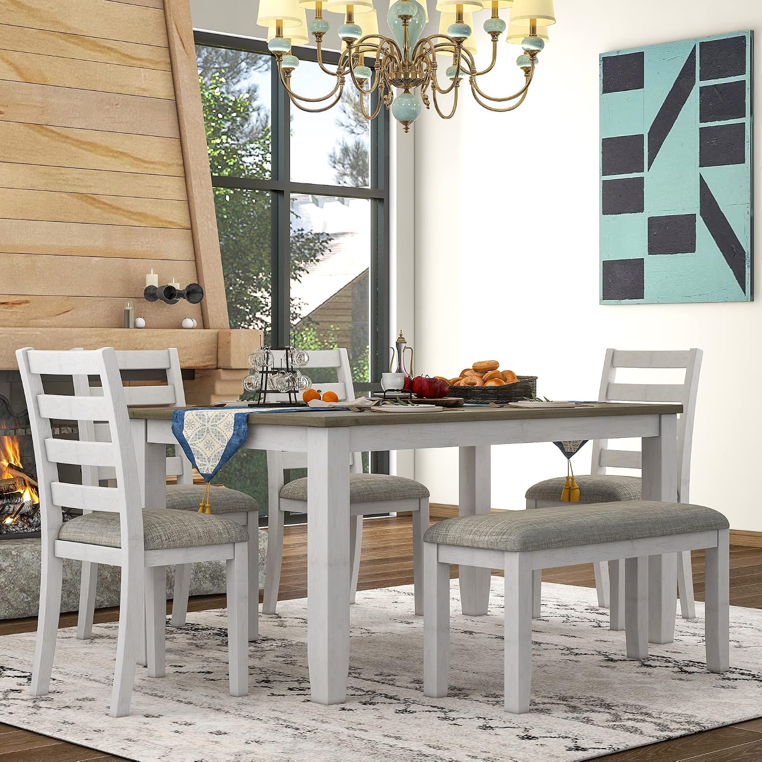 Harper & Bright Designs Rustic 6-Piece Dining Set with Table, 4 Upholstered Chairs & Bench | Farmhouse Kitchen Table Set for Dining Room (Brown + Whitewash)
