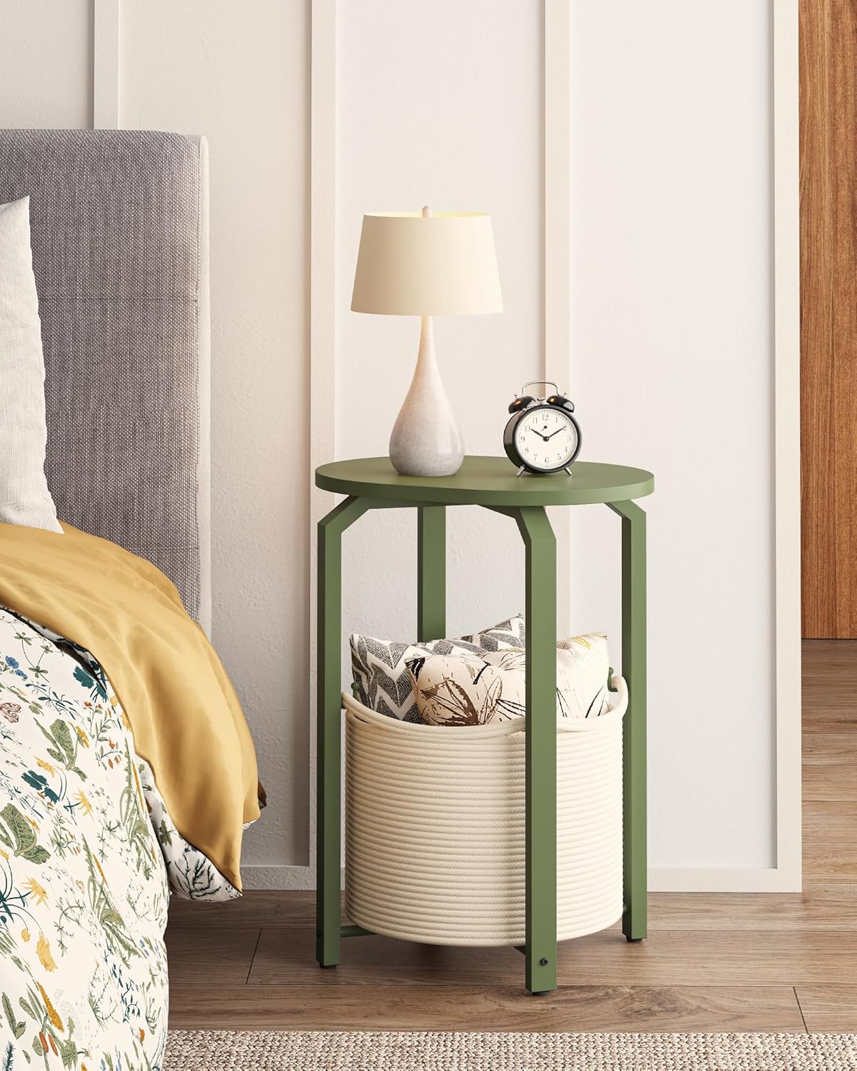 TUTOTAK Oval End Table with Woven Storage Basket, Olive Green Small Side Table for Living Room, Bedroom, TB01BOG093