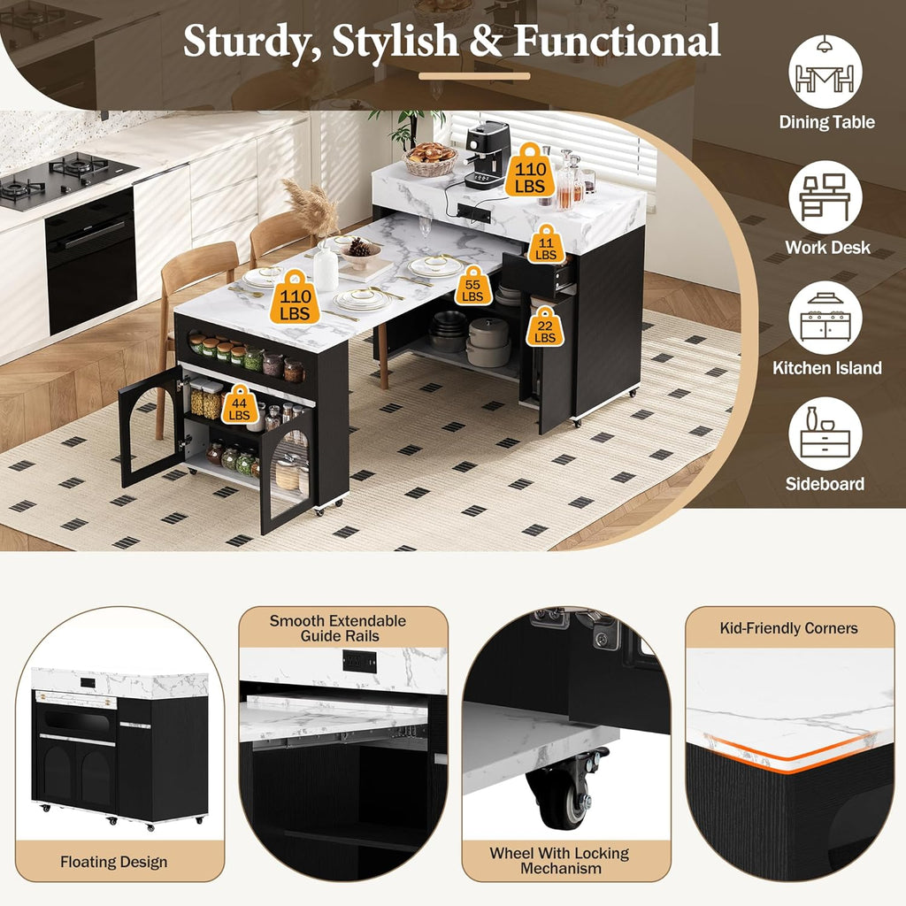 Extendable Dining Table with Folding Leaves & Power Outlet, Rolling Kitchen Island on Wheels with Storage Drawers & Hooks, Convertible Table for Small Spaces (Black + Marble White)