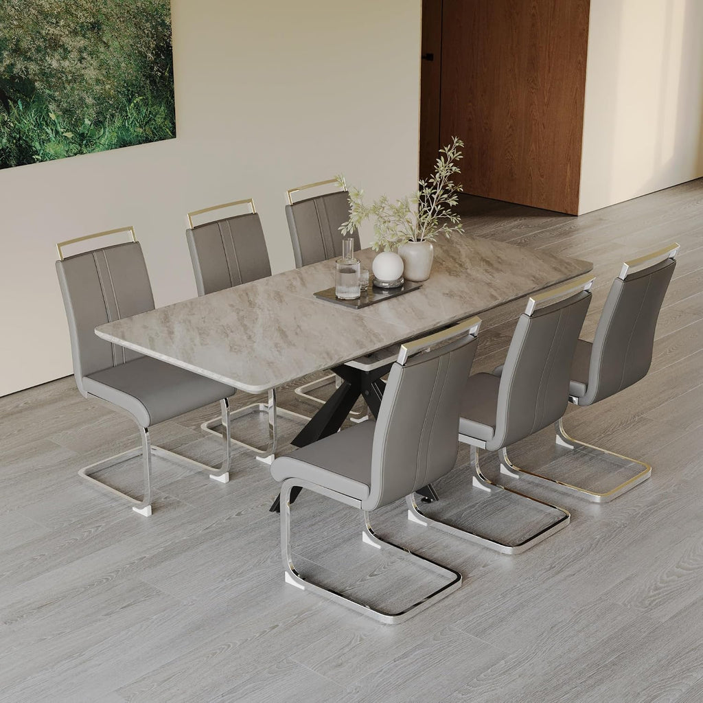 Extendable Dining Table, Modern Dining Table with Metal Leg, 62.4‘’-78.15‘’ Kitchen Table for 6-8 People, Space Saving Rectangular Kitchen Table for Office, Kitchen, Dining Room