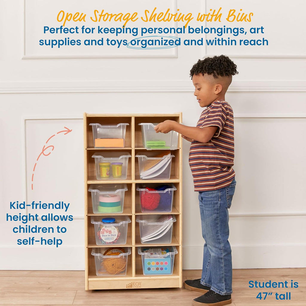 ECR4Kids 10 Cubby Tray Cabinet with Scoop Front Storage Bins, 5x2, Natural, Classroom Furniture, Clear | Durable birch, 10 plastic scoop front storage bins, GREENGUARD Gold Certified, 10 cubbies for organization, classroom or home