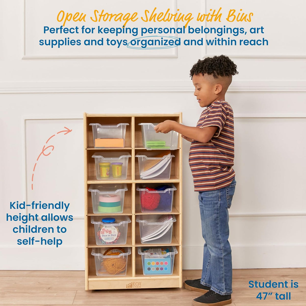 ECR4Kids 10 Cubby Tray Cabinet with Scoop Front Storage Bins, 5x2, Natural, Classroom Furniture, Clear | Durable birch, 10 plastic scoop front storage bins, GREENGUARD Gold Certified, 10 cubbies for organization, classroom or home