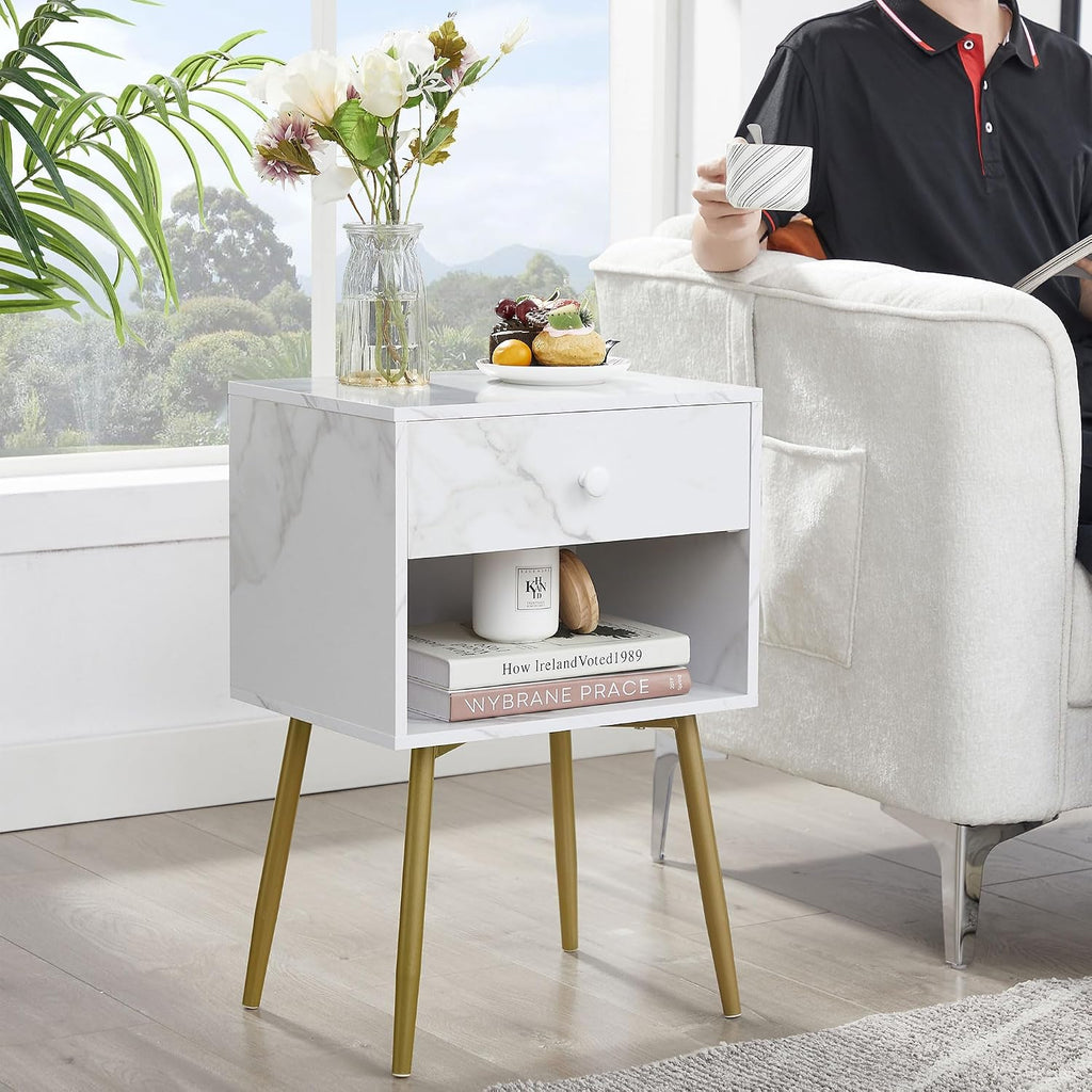 VECELO Nightstands Set of 2, Mid Century Modern End Bedside Table, Night Stand with Storage Drawer and 2 Tiers Open Shelf for Small Place, Bedroom, Living Room, Easy Assembly, White Gold