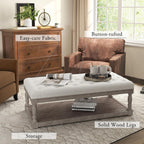 Ottoman Coffee Table, Large Rectangle Ottoman with Storage - Upholstered Cushioned Bench for Living Room, Tufted Linen Fabric with Solid Wood Shelf, Entryway Bench (Beige)