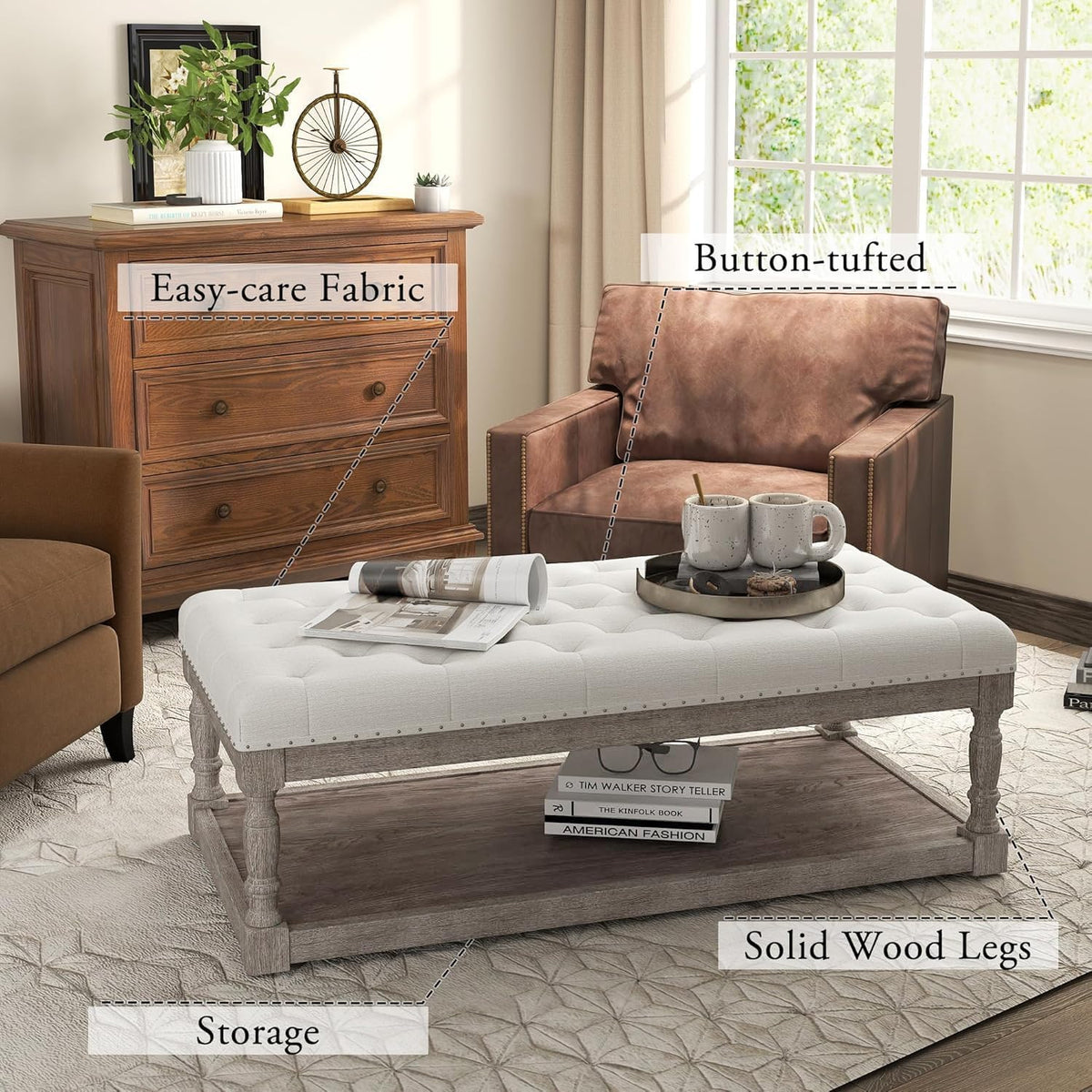Ottoman Coffee Table, Large Rectangle Ottoman with Storage - Upholstered Cushioned Bench for Living Room, Tufted Linen Fabric with Solid Wood Shelf, Entryway Bench (Beige)