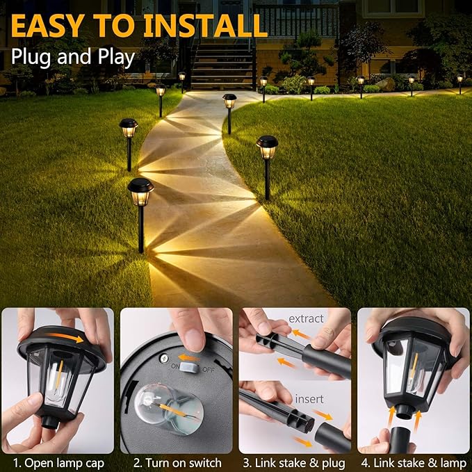 Solar Pathway Lights Outdoor 8 Pack Solar Lights Outdoor Waterproof 3000K Warm White Tungsten Filament Bulb for Yard Garden Landscape Path Driveway Lawn