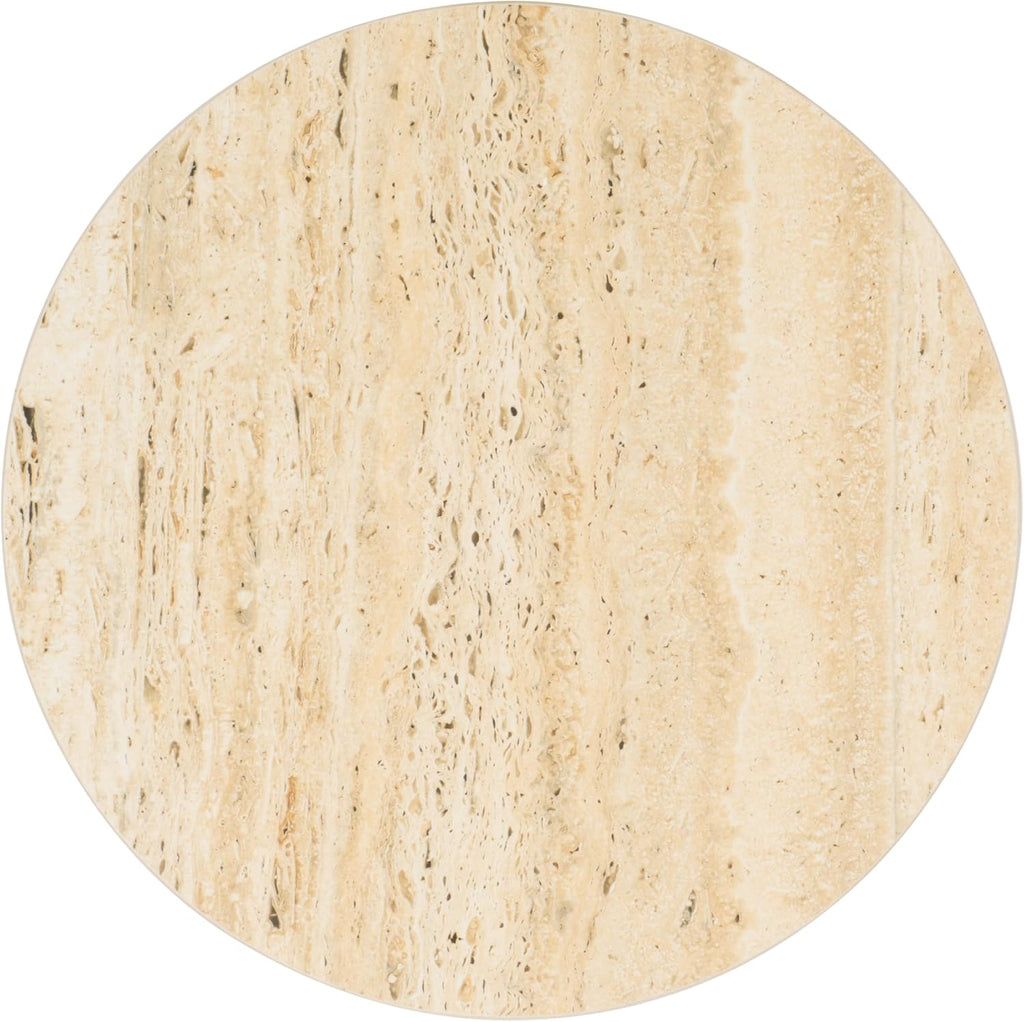 SAFAVIEH Home Collection - Saxony Side Table, Round Beige Travertine Top with Black Metal Legs, Fully Assembled (ACC3731A)