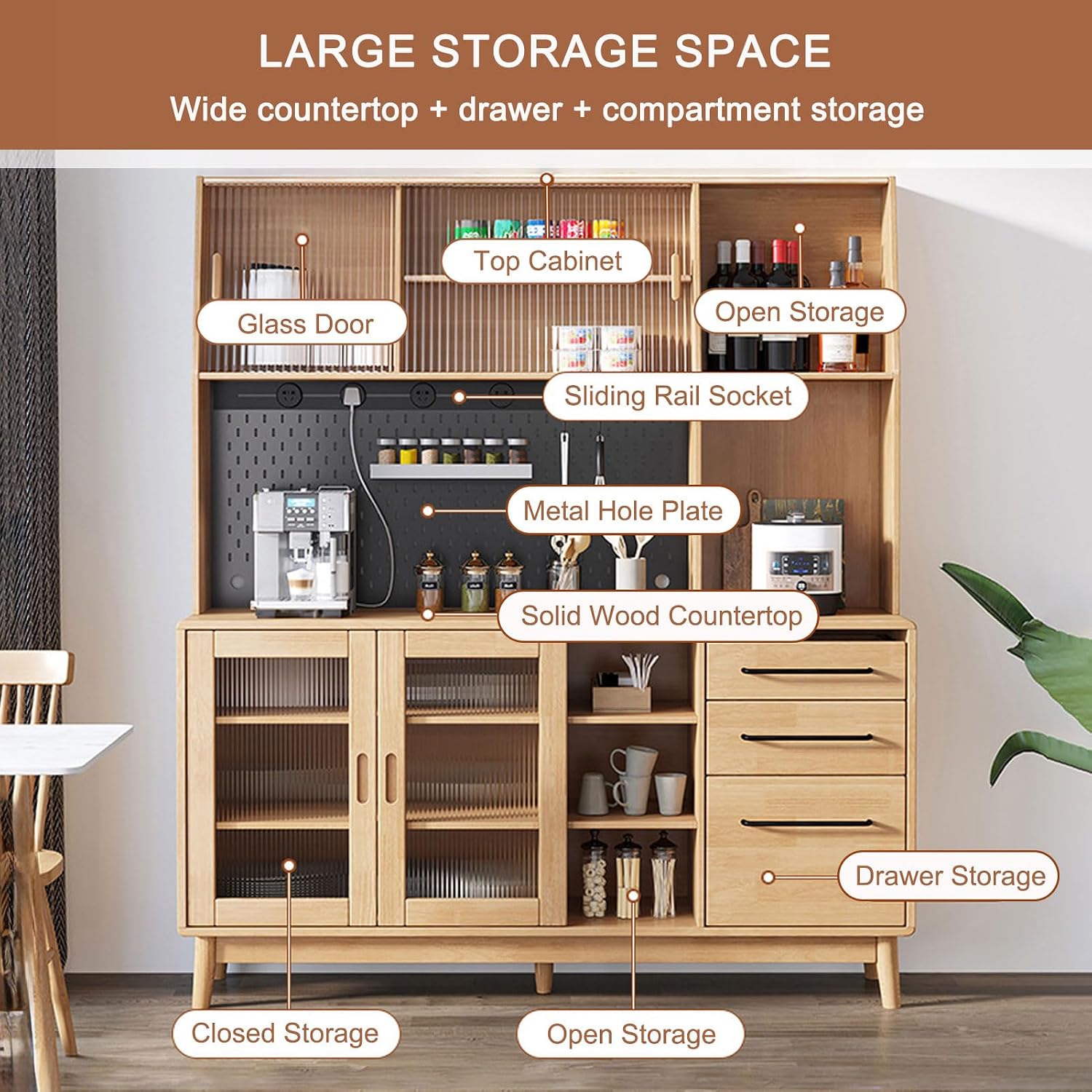 Pantry Storage Cabinet with Microwave Stand, Sliding Charging Station, Drawers & Shelves - Tall Food Pantry Organizer for Home, Metal Orifice Plate Included