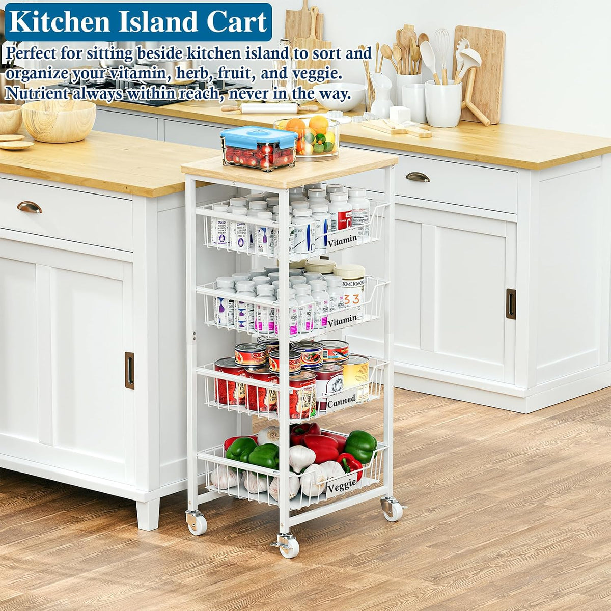 OKZEST 5-Tier Kitchen Storage Cart with 4 Upgraded Drawer Basket & Wood Top | Mobile fruit basket stand with 4 PE liners, Rolling kitchen pantry organizers, Holds potato, onion, drink, can, snack, veggie