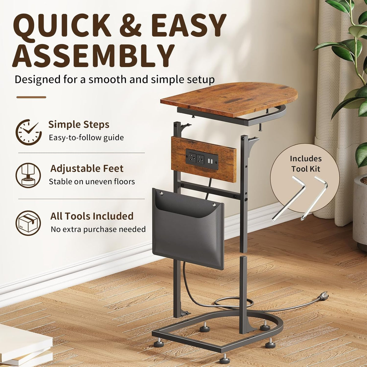 C Shaped End Table with Charging Station, Small Side Table for Couch, C Table Slides Under Sofa with Storage Bag, TV Tray Table for Recliner, Living Room, Bedside, Bedroom, Small Spaces, Rustic Brown