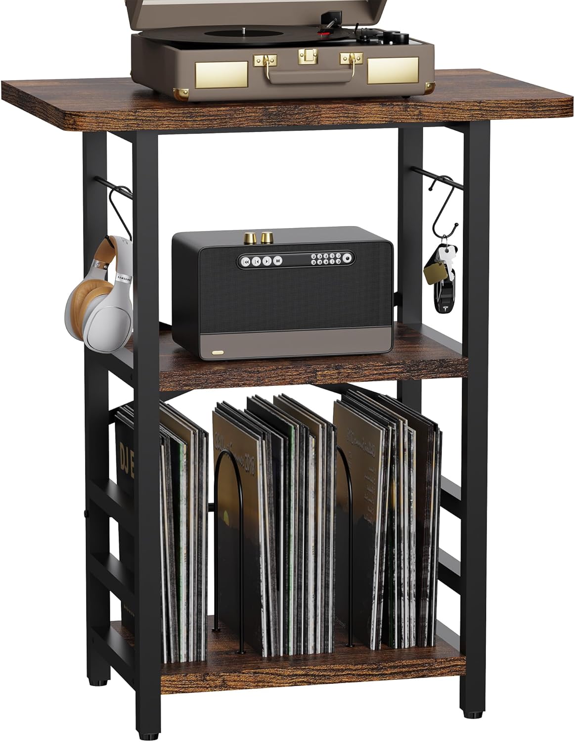 YAKANJ Record Player Stand with Extended Desktop,Large Record Player Table with Vinyl Storage,Tall Turntable Stand with Record Holder Vinyls Display Shelf for Music Room Studio, Rustic Brown