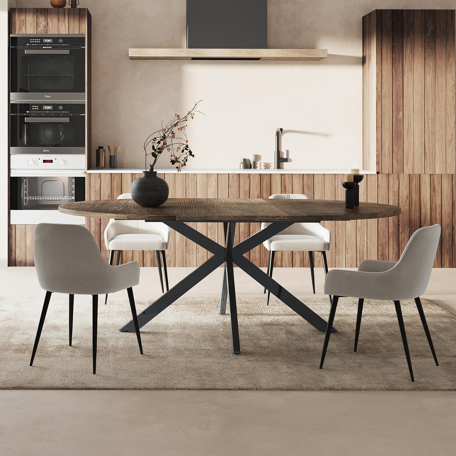 59-Inch Extendable Round Dining Table for Dining Room, 4-6 People Large Expandable Kitchen Dinner Tables with Oval Wood Top and Industrial Metal Frame for Dinner Room, Small Space, Black Brown