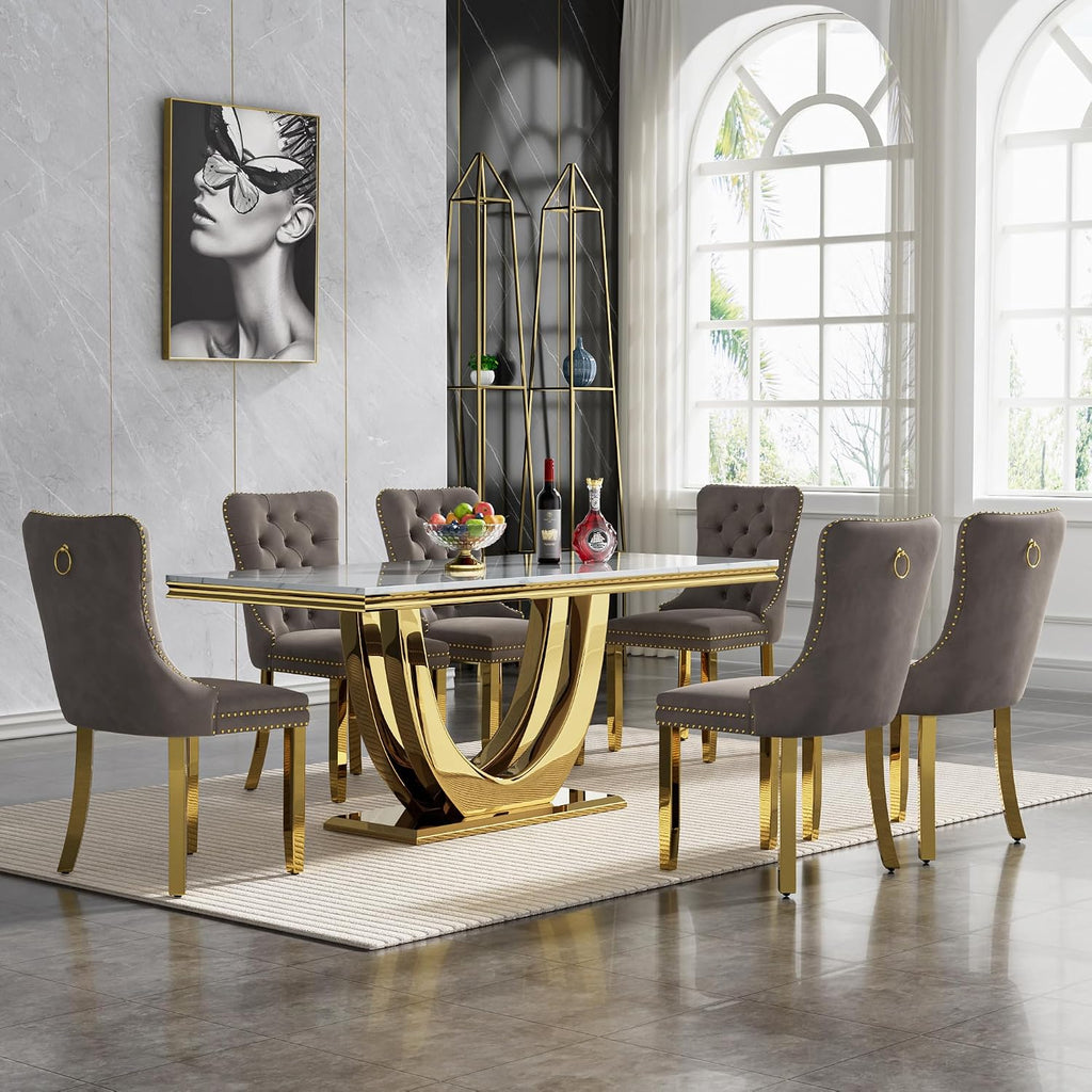 Modern Marble Dining Table Set for 6, White Dining Set with 68" Faux Marble Dining Table and 6 Gray Upholstered Velvet Dining Chairs, 7 Piece Dining Table and Chairs Set for Kitchen