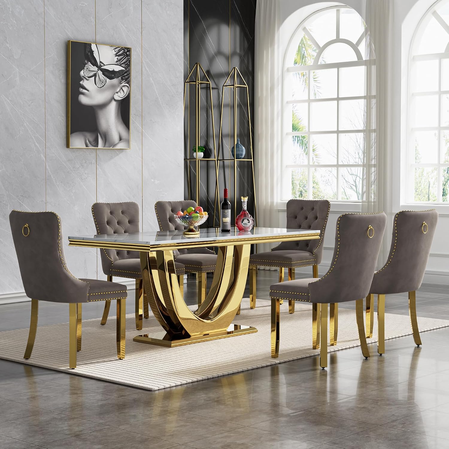 Modern Marble Dining Table Set for 6, White Dining Set with 68" Faux Marble Dining Table and 6 Gray Upholstered Velvet Dining Chairs, 7 Piece Dining Table and Chairs Set for Kitchen