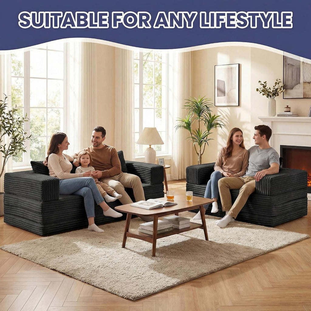 Convertible Sofa Bed, 4-in-1 Loveseat with Removable Armrests Backrest, Corduroy Futon Couch Bed with Pillow, Foldable Mattress Sleeper Sofa for Living Room Bedroom Small Place (Black)