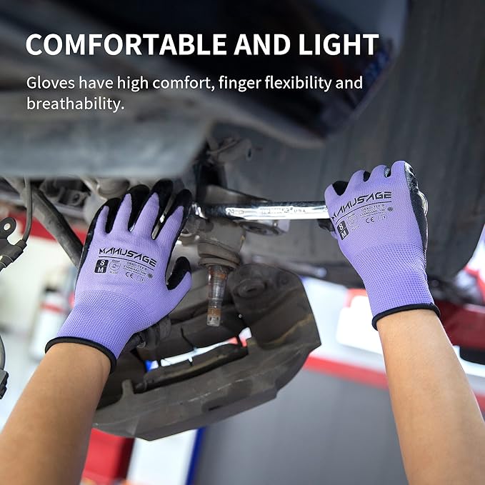 Manusage Safety Work Gloves for Men and Women - Nitrile With Touchscreen Fingers and Grip - Mechanics Gloves (Size XXL, Purple, 24-Pairs)