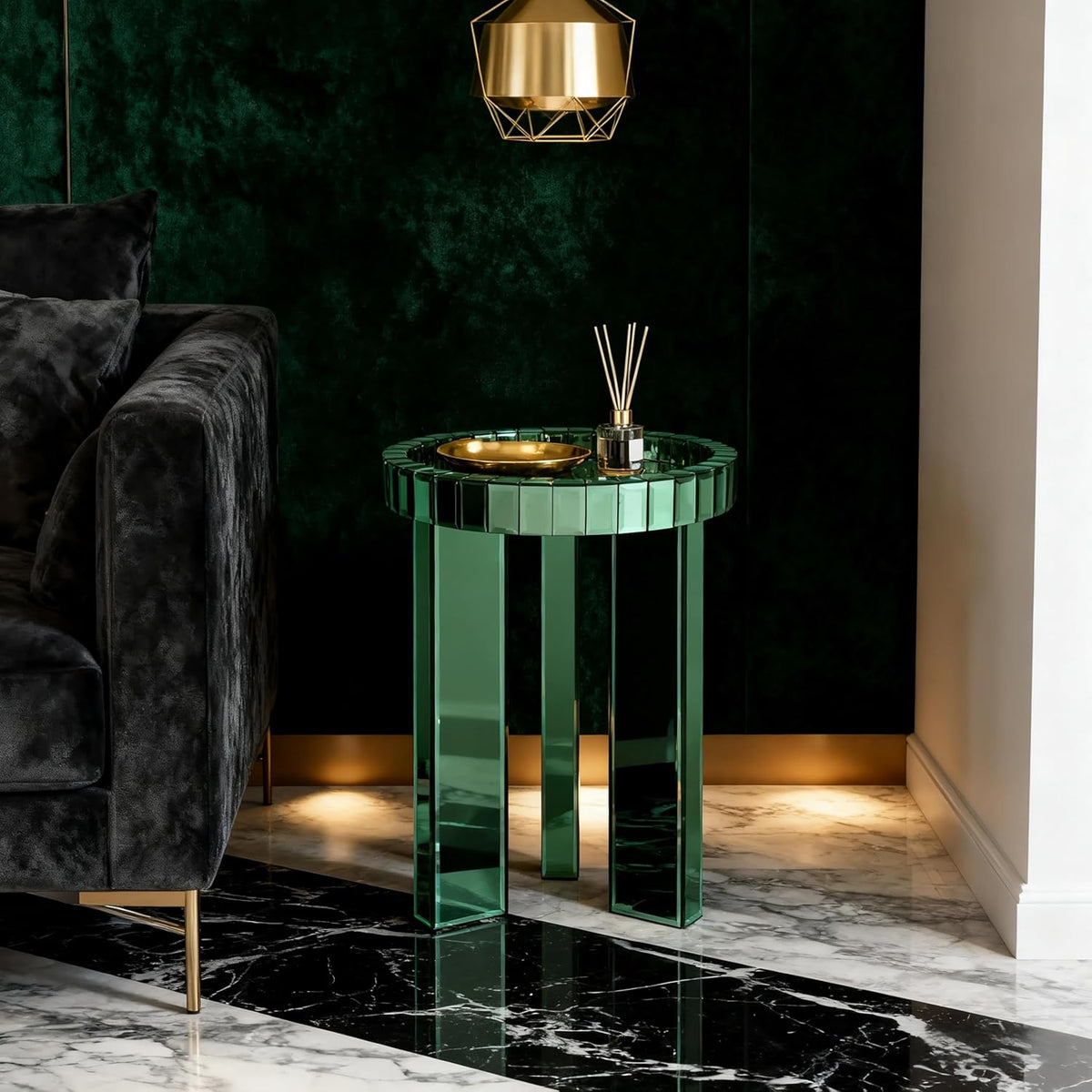 SHYFOY Green Mirrored End Table, 23" H Round Glass Side Table with Three Legs, Modern Accent Table for Living Room, Bedroom, or Entryway