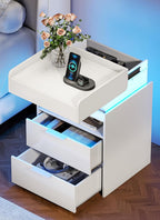 Turosur White Nightstand with Charging Station and LED Lights, Modern Beside End Table with USB and Type-C Port for Bedroom Gaming Room