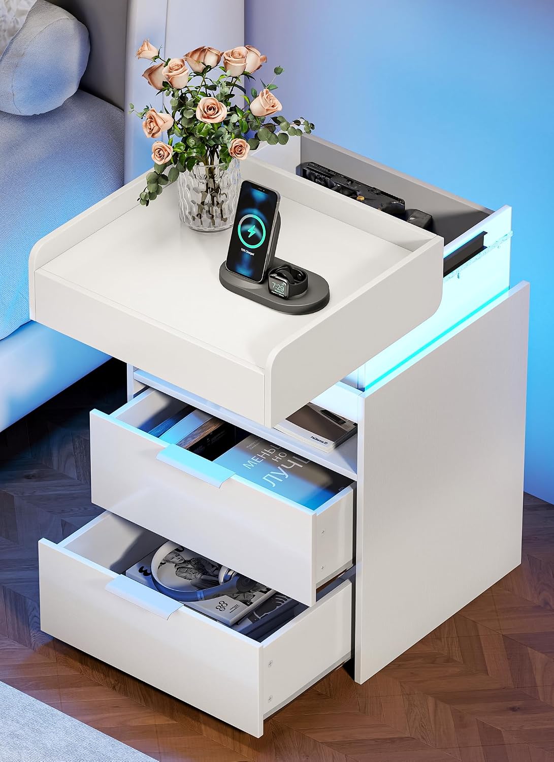 Turosur White Nightstand with Charging Station and LED Lights, Modern Beside End Table with USB and Type-C Port for Bedroom Gaming Room